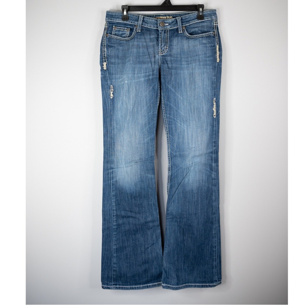 BKE Sabrina Bootcut Jeans Women 29x33.5 Blue Distressed Frayed Hem Denim
